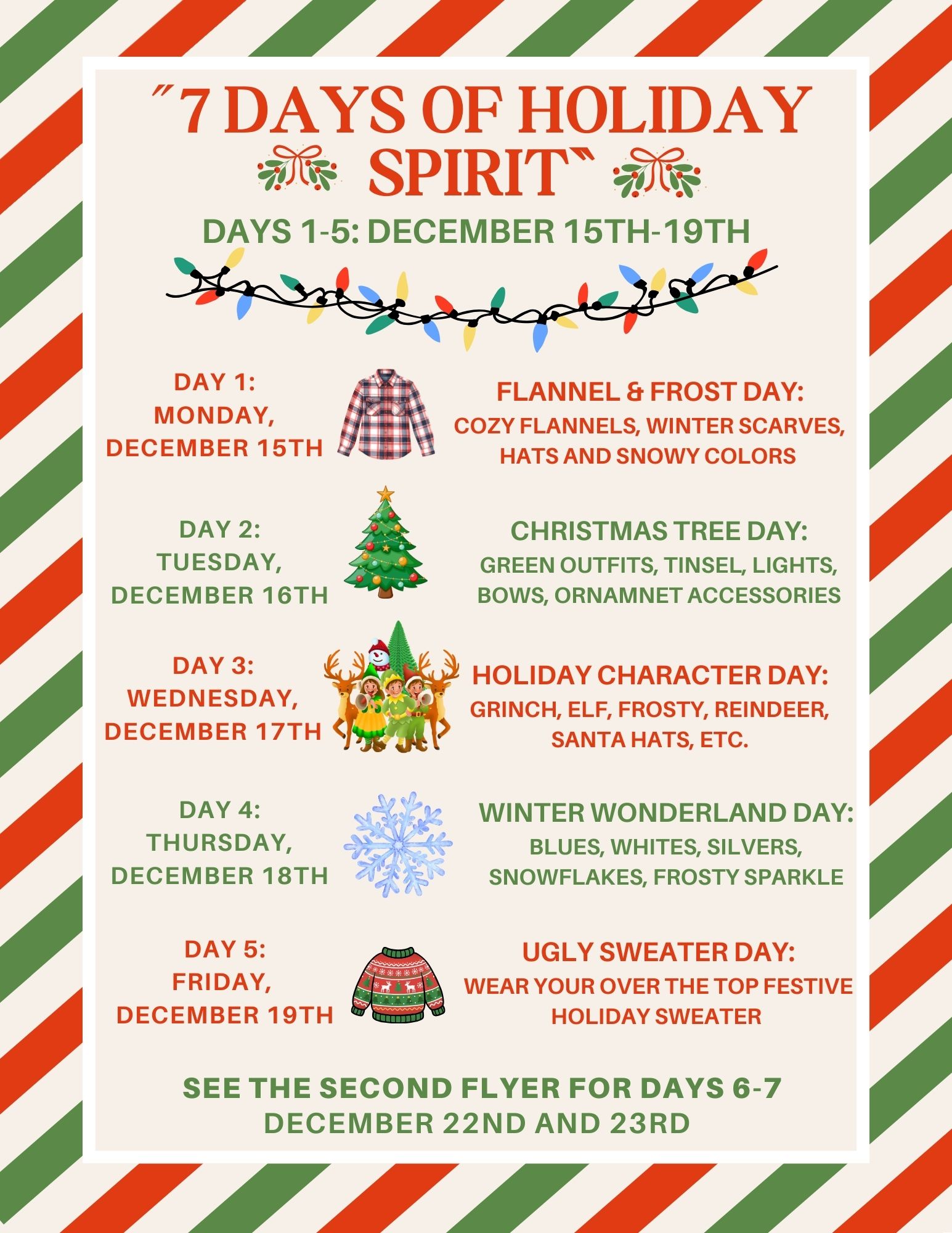 Holiday colored flyer with greens and reds announcing 7 Days of Spirit at Andover Central School